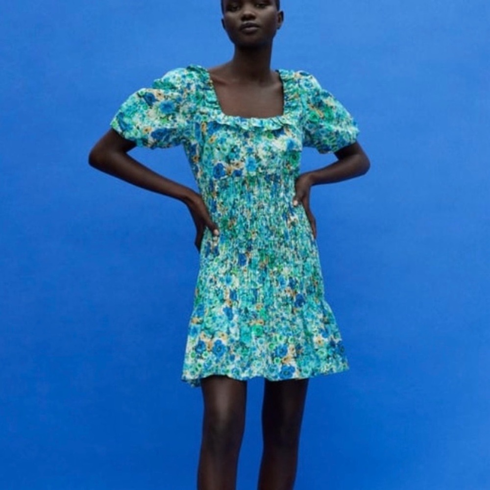 Zara Floral Print Smocked Square Neck Mini Dress
